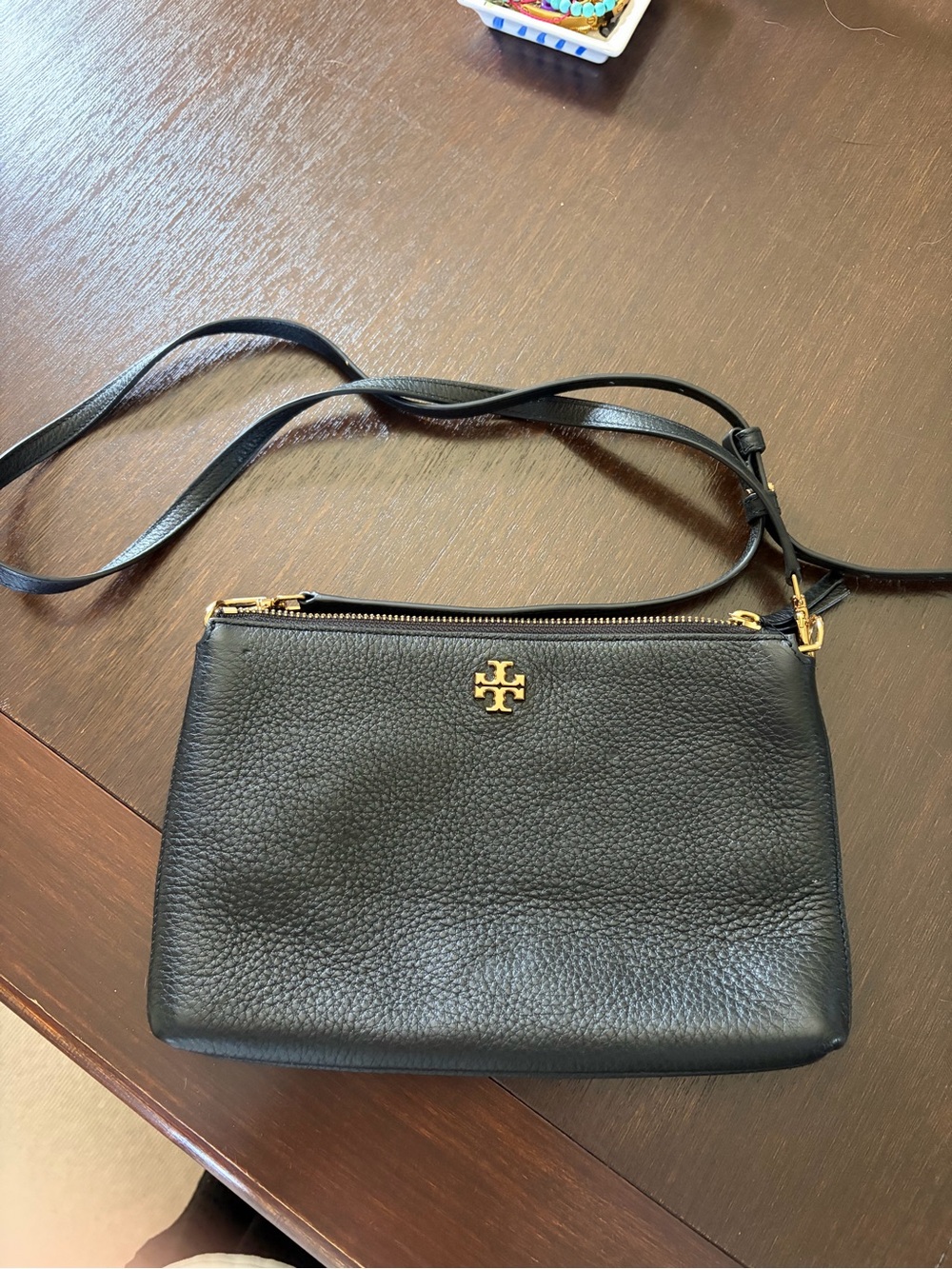 Tory Burch Black Pebbled Leather Crossbody with Gold Logo Hardware